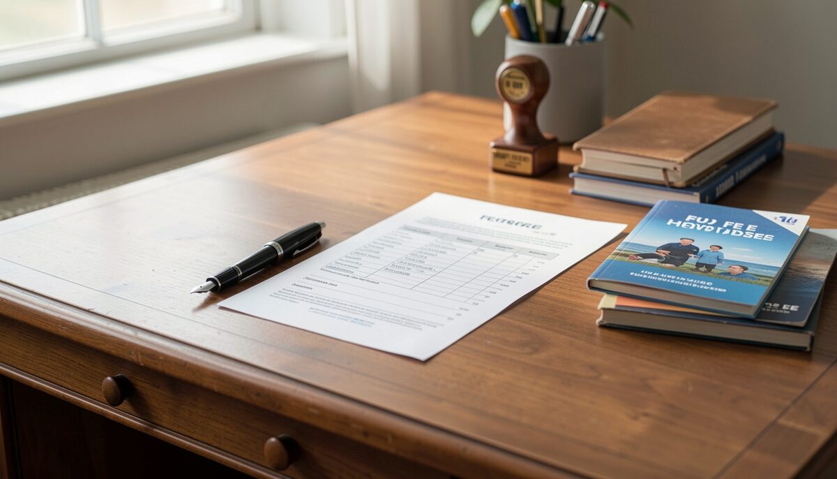 A flat lay of a trademark application folder: printed form, fee receipt, representation of a mark, calendar page