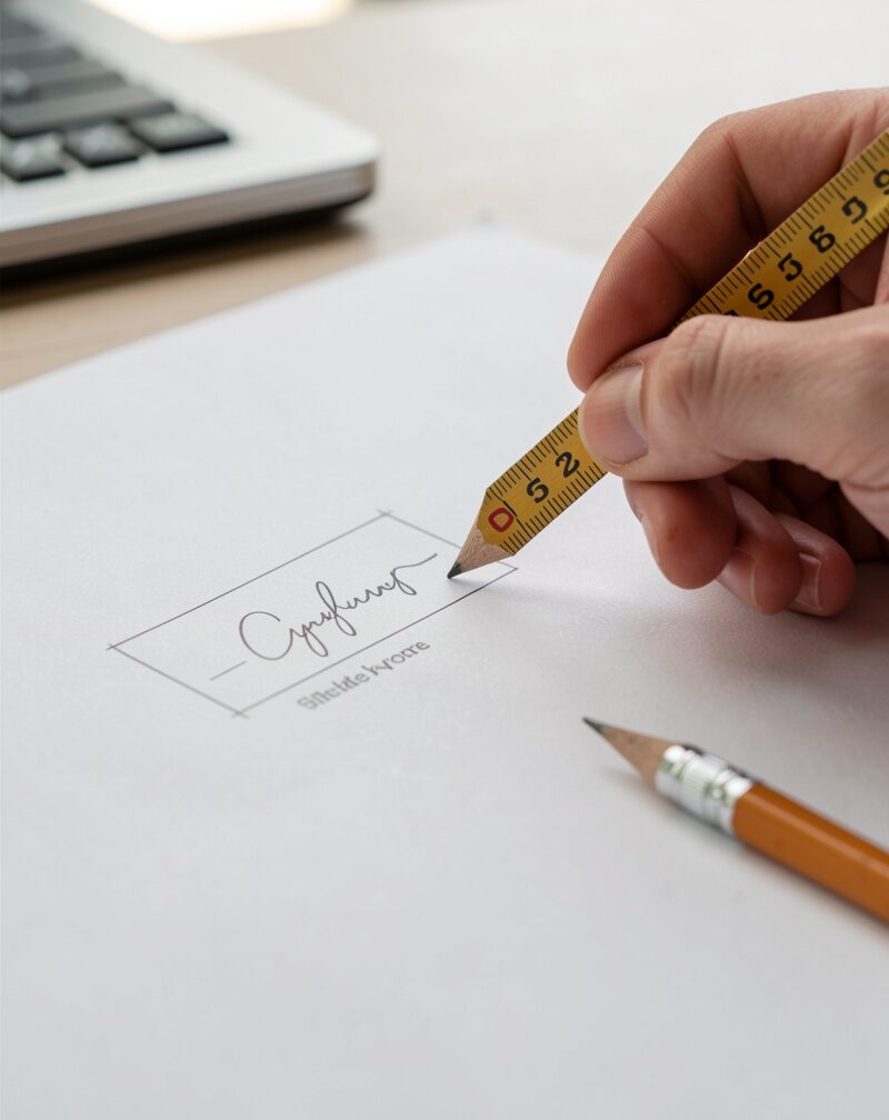 A flat lay of a trademark application folder: printed form, fee receipt, representation of a mark, calendar page