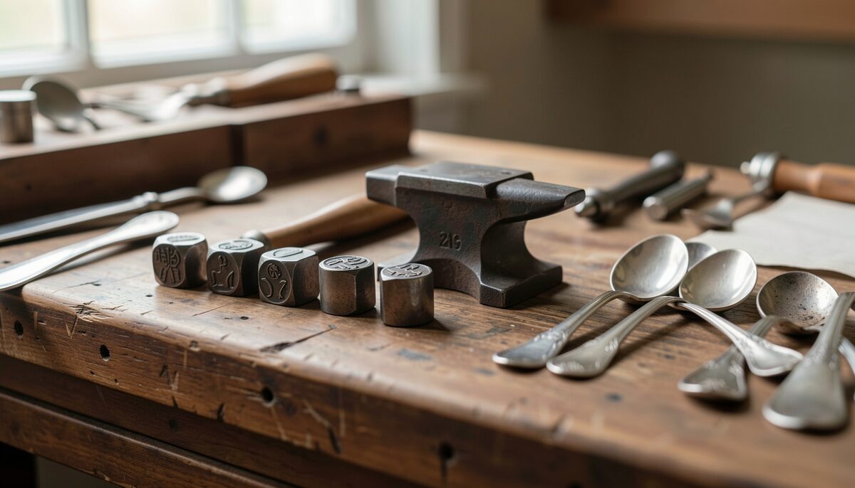 An assay office workbench with steel hallmark punches, a small anvil and silver spoons waiting to be struck