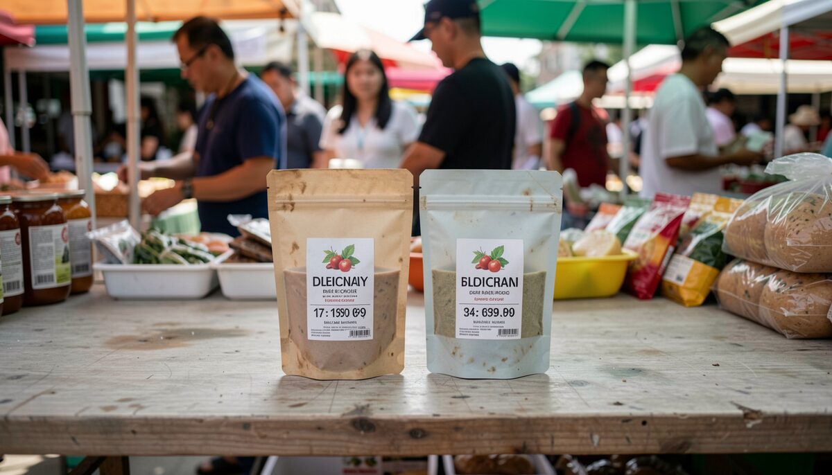 A customs warehouse shelf with seized counterfeit handbags beside genuine articles, an officer's clipboard